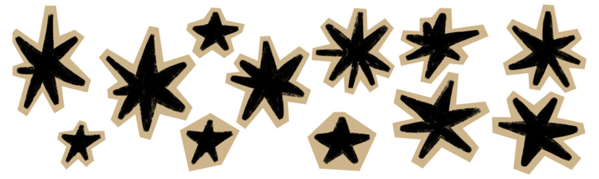 Hand drawn grunge star stickers collection in bold chalk style. Wide star shapes with rough texture and paper cutout look. Scrapbook collage elements for journals, zines, crafts, vintage DIY designs
