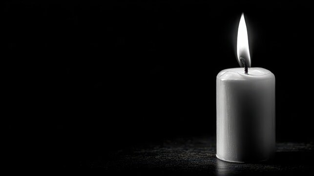Candle lit against dark backdrop Space for your text Monochrome image symbolizing loss or sorrow