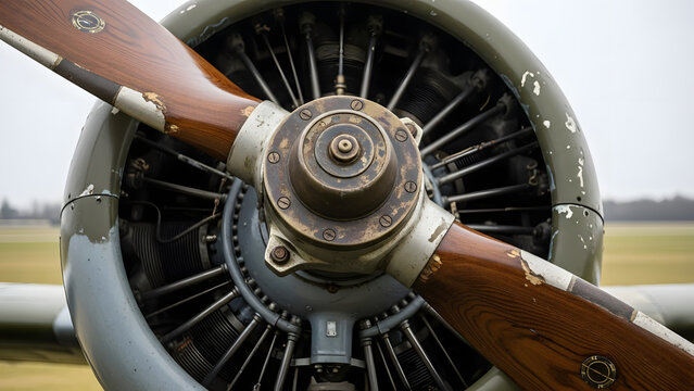 Close-up of Vintage Airplane Wooden Propeller and Engine Detail