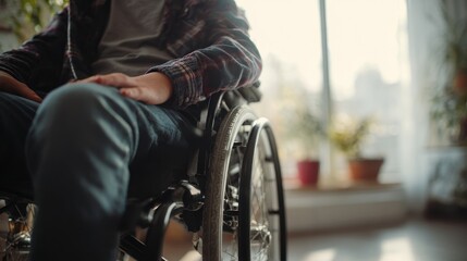 Obraz premium Close up of a disabled teenage boy in a wheelchair at home with room for text Adolescent disability theme