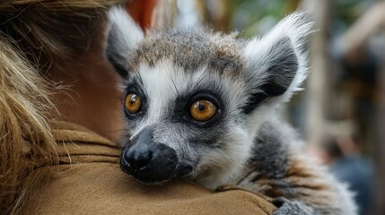 Fototapeta premium A woman at the zoo has a lemur on her shoulder