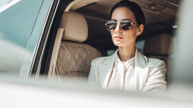 Chic businesswoman in white peers from a minivan taxi Idea of corporate travel