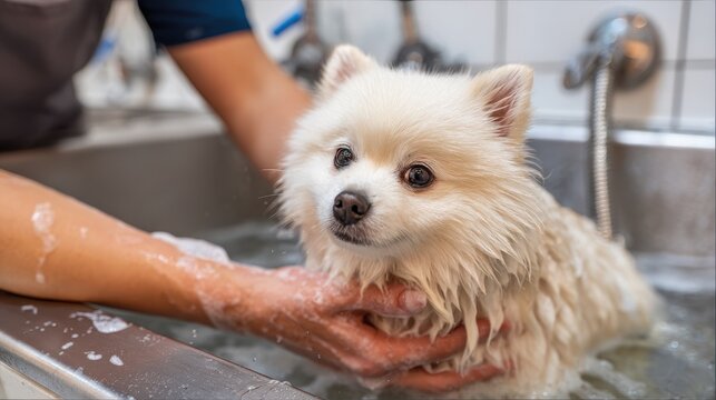A trained groomer gently bathes the dog prior to grooming helping the young spitz puppy acclimate to the process and stay calm around water