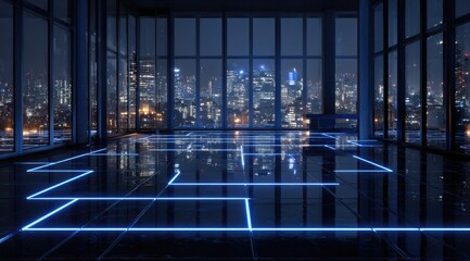 Modern high-rise interior with city view, blue neon floor design