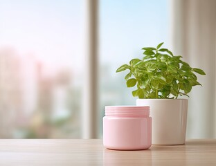 Pink jar and plant in pot on light wood surface, soft background