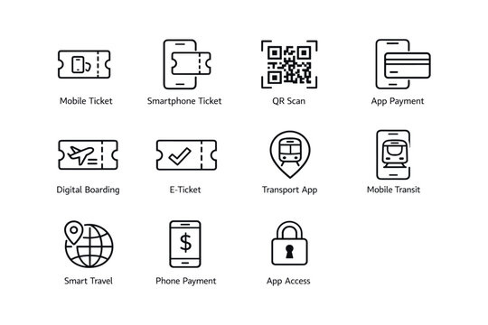 Digital travel icons: mobile ticket, qr scan, app payment, e-ticket, smart travel