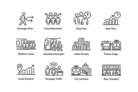 Urban commute icons depicting passenger flow and public transport usage