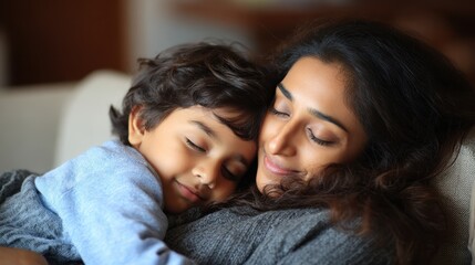 A young Indian mother and her son share a heartfelt moment on the sofa dreaming of the future and reminiscing