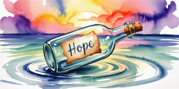 Hope message in a bottle floating on ocean waves at colorful sunrise, inspirational watercolor seascape illustration background