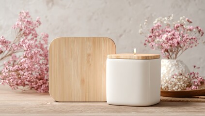 Candle with wood lid and pink flowers on neutral surface, still life