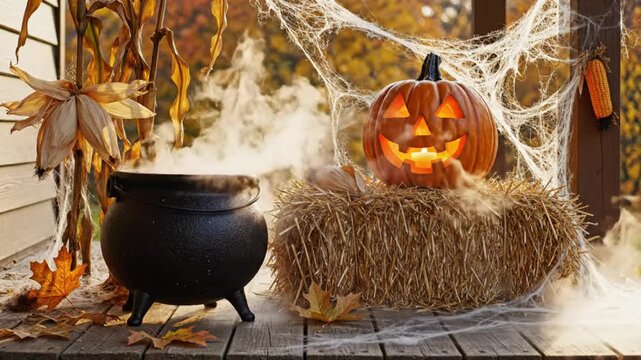 Spooky Halloween scene with carved pumpkin on hay bale, bubbling cauldron and autumn decorations on a porch