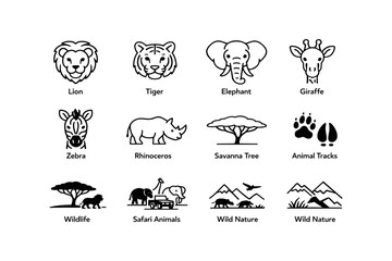 Fototapeta premium Safari animal icons including lion, tiger, elephant, giraffe, zebra, and more