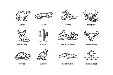 Fototapeta premium Desert wildlife icons: camel, lizard, snake, scorpion, and more in icon set