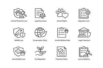 Animal protection law icons: legal documents, wildlife conservation, eco regulation, welfare rules, compliance
