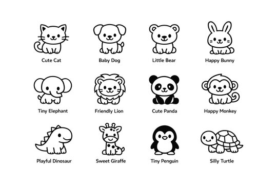 Adorable cartoon animals collection featuring cat dog lion and more