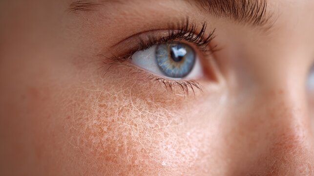 A close up view reveals dry flaky skin on the cheek of a beautiful Caucasian girl indicating a need for a dermatologist