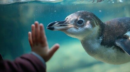 A friendly Gentoo penguin swims in an aquarium gazing at a child whose hand presses against the glass reaching out to interact
