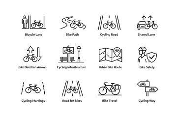Urban cycling icons set for safe commuting and infrastructure