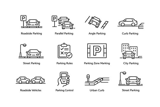 Illustrated guide to parking types and regulations with symbols and icons