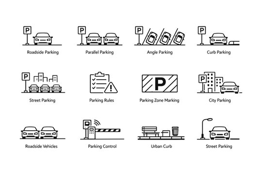 Icon set of parking types and urban parking elements