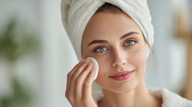 Attractive lady cleansing her face with a cotton pad inside
