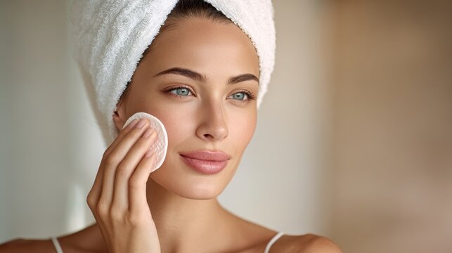 Attractive woman wiping off makeup indoors with a cotton pad
