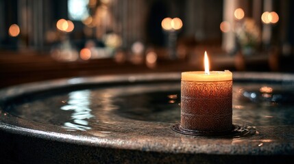 Candle atop baptismal font in church blurred focus