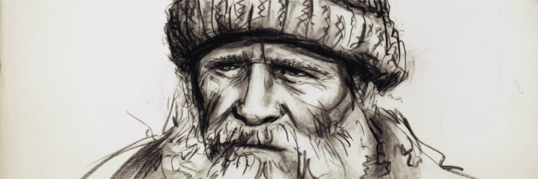 Expressive sketch portrait of older bearded man in knitted hat, hand drawn pencil illustration  melancholic mood