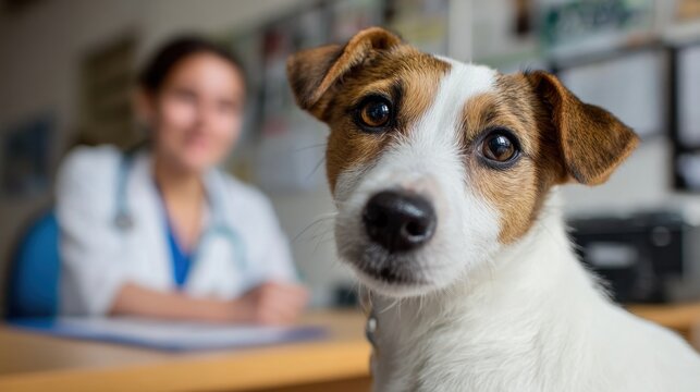 Charming Jack Russell Terrier in an office with a Hispanic female vet behind