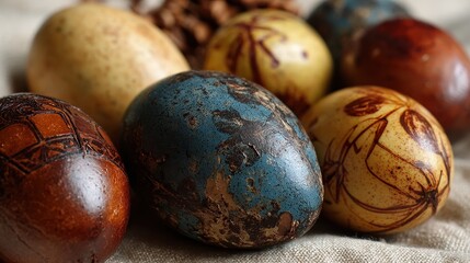 Obraz premium Closeup of dyed and oiled Easter eggs using onion skins