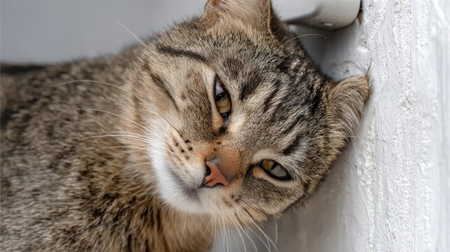 Closeup of a tabby cat leaning against a plastic grooming cover on the wall