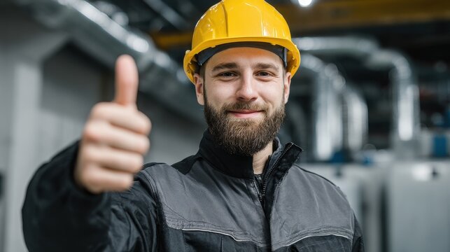 Engineer in a factory giving a thumbs up while wearing a safety helmet