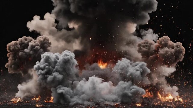 Explosive cloud of smoke and fire in the dark sky, a powerful explosion.