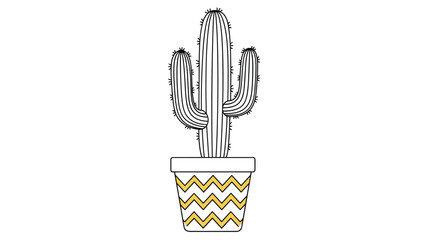 Stylized saguaro cactus in a modern pot decorated with yellow zigzag patterns, presented in a clean line art style on a white background.
