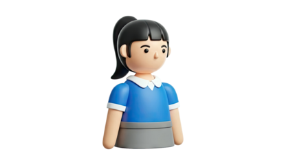 3D Cartoon Girl with Ponytail in Blue Shirt and Gray Skirt