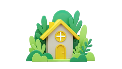 3D Cartoon House with Yellow Roof Surrounded by Greenery