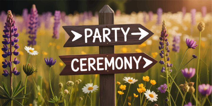 Rustic wedding party and ceremony direction signs in wildflower meadow at sunset, whimsical outdoor celebration background - Powered by Adobe