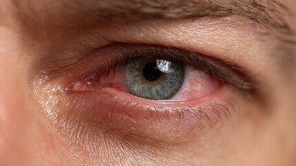 Obraz premium Detailed view of a man s eye with blepharitis showing red inflamed eyelid edges that cause irritation