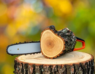 A heart-shaped wood piece rests on a stump with a chainsaw, set against a blurred background