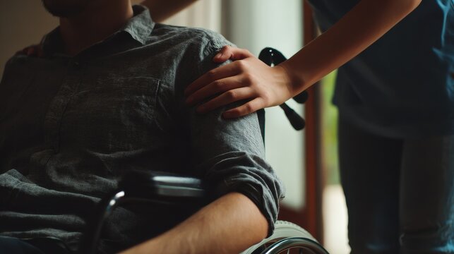 Close up of a nurse assisting a disabled teenager in a wheelchair at home who is struggling with depression and receiving care