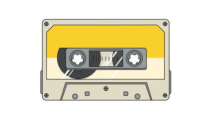 Obraz premium Retro yellow and cream colored audio cassette tape with realistic details like screws and visible magnetic tape reels on a white background.