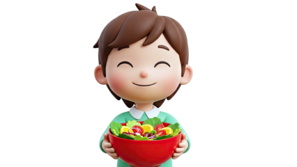 Happy child holding a bowl of salad
