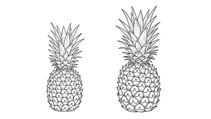 Obraz premium Pair of pineapples in two different sizes, intricately detailed with a black and white line art style showing the unique scaly texture.