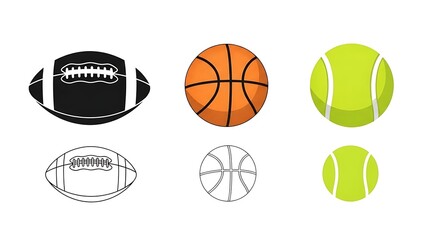 Collection of sports balls illustrations in varying styles filled, outline, and detailed