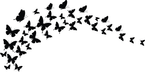 Black butterfly silhouettes flying in a swarm vector illustration for spring and nature-themed designs. © NR
