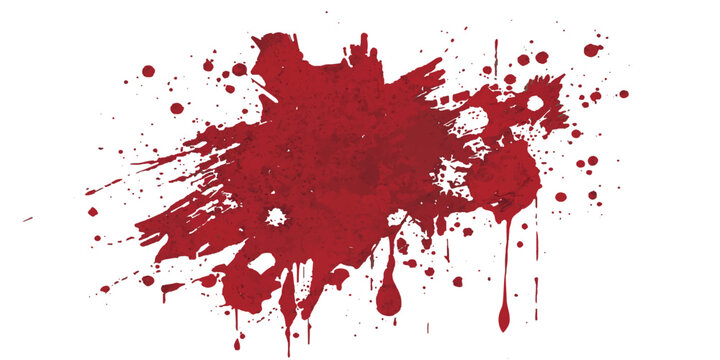 Grungy red ink splat and paint splashes create a textured blood splatter design with artistic drips, spray spots, and vector stains on a dirty liquid backdrop pattern