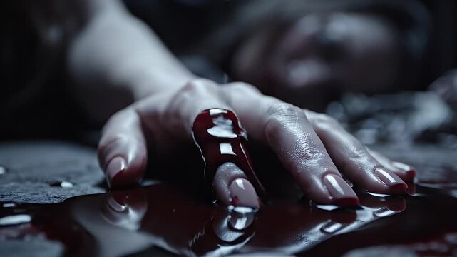 Close Up of Pale Hand with Blood on Floor Crime Scene Investigation for Medical Concept or Murder Mystery Story with