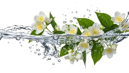 Delicate white jasmine flowers with green leaves emerging from clear, bubbling water