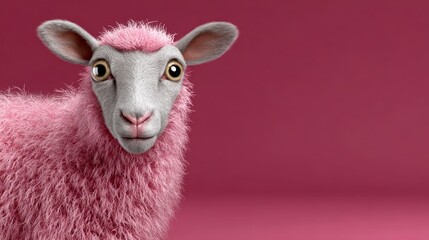 Obraz premium A sheep with pink fur is staring at the camera. The pink color of the sheep's fur creates a playful and whimsical mood in the image