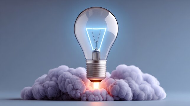 A light bulb is lit up in a cloud of smoke. The light bulb is surrounded by a cloud of smoke, which gives the impression of a rocket taking off. Concept of excitement and adventure
